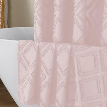 OWENIE Blush Shower Curtain Set, Jacquard Geometric Textured Fabric Boho Shower Curtain for Bathroom, Soft Hotel Style Farmhouse Shower Curtains Grommet Top 12 Hooks, Machine Washable, 72x72, Blush