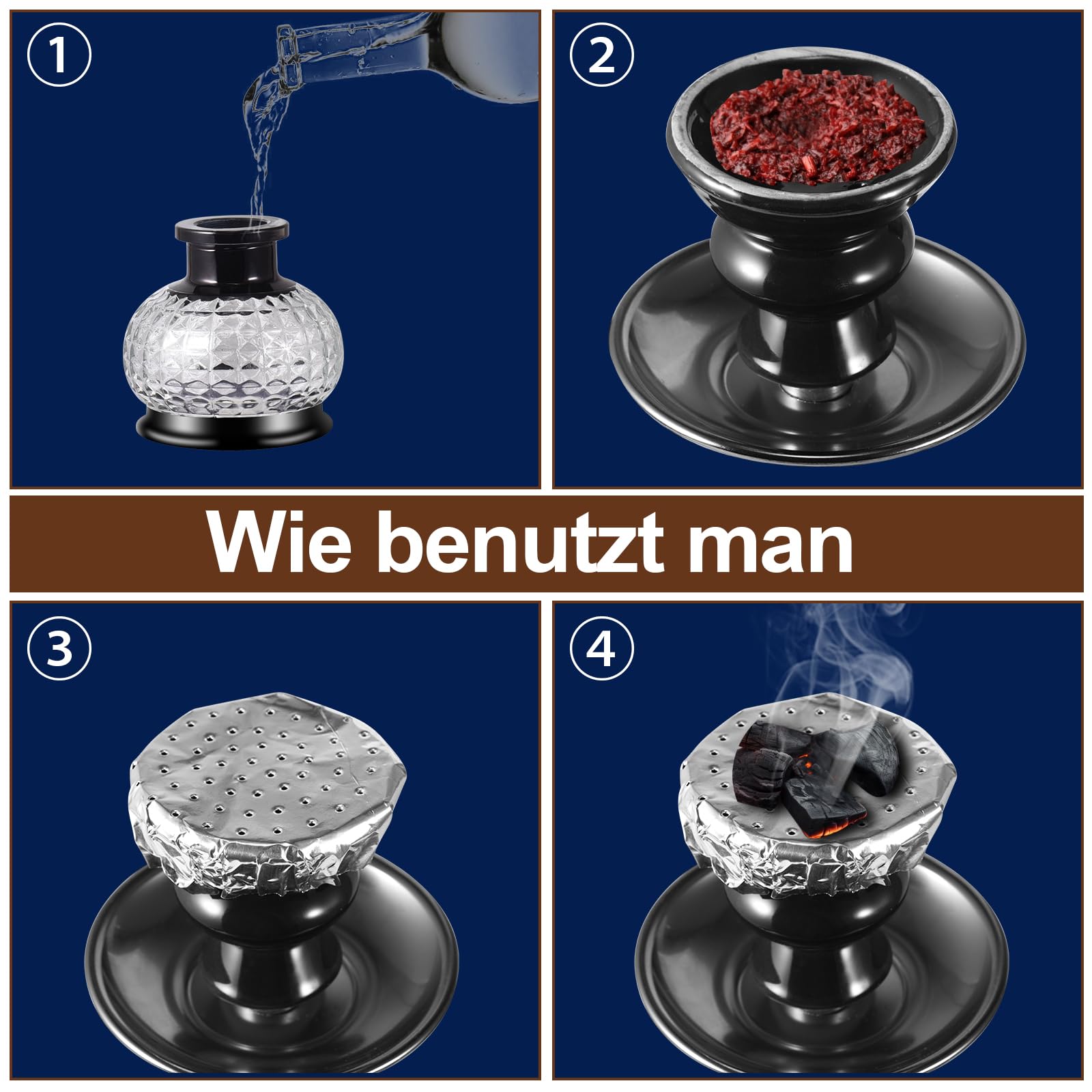 Shisha Wasserpfeife Set, 12 Zoll, Schwarz, mit 2 Schläuchen, Kristallglas-Vase, 50 Folien, 20 Mundstücken und Zange