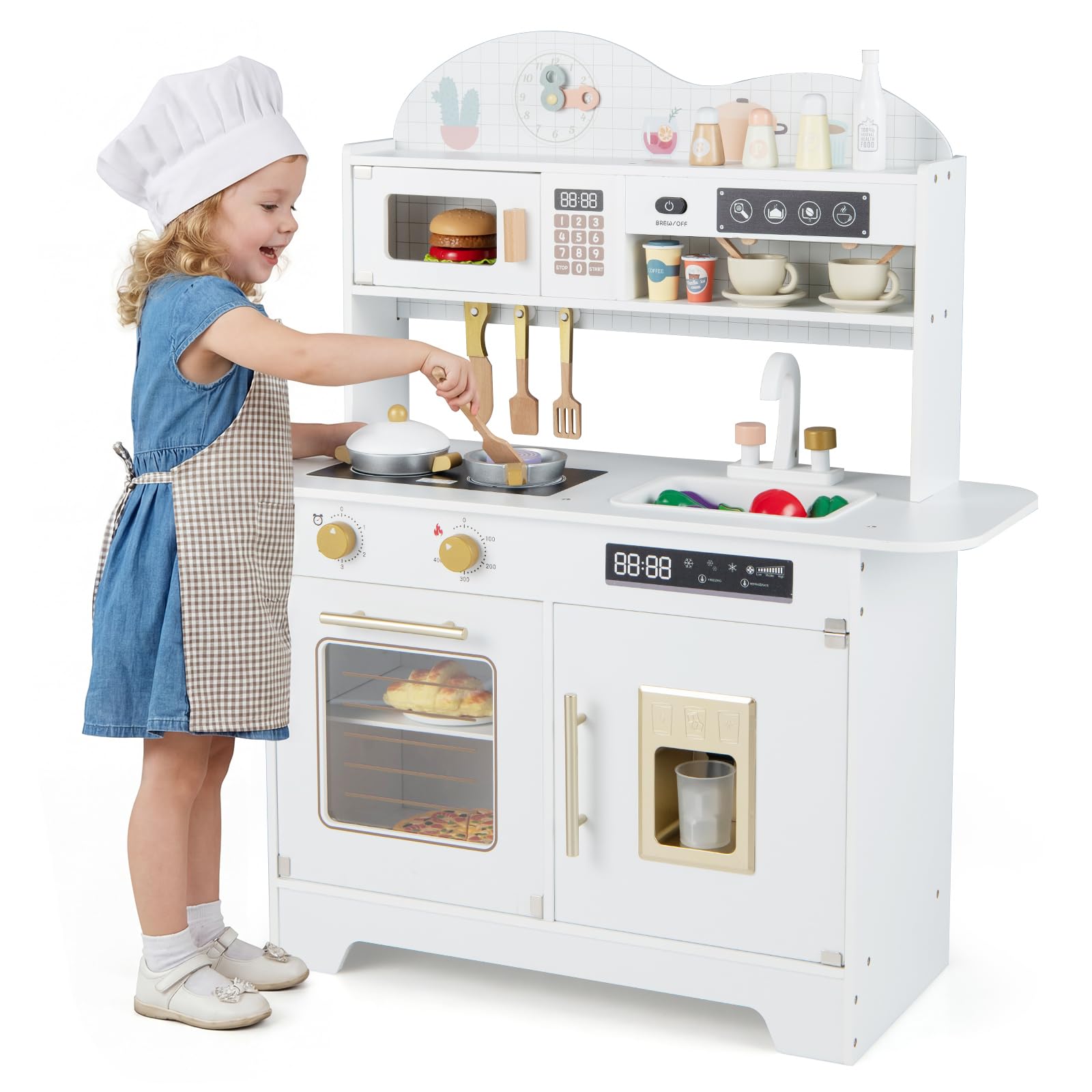 COSTWAY Kinderküche, Spielküche Holz mit 17 Zubehörteilen, Spielzeugküche mit Backofen, Eismaschine, Mikrowelle & Herd, Holzküche für Kinder ab 3 Jahren (Weiß)