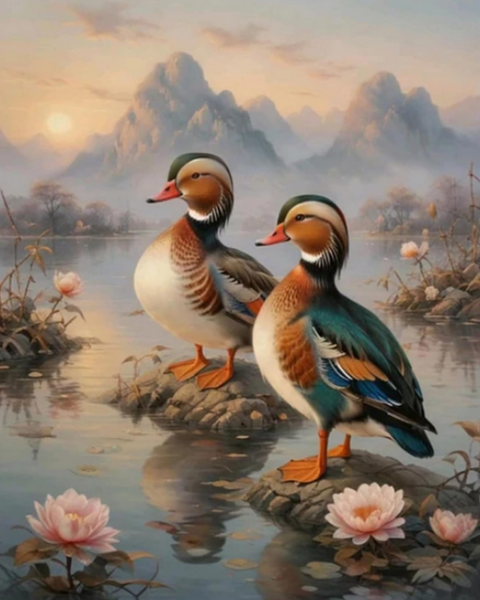 LEYIUYIU Printed Pattern Cross Stitch DIY Kit Suitable for Adults & Beginners 11CT Embroidery Set for Handcrafting and Home Wall Decor — Mandarin Ducks — 40x50cm
