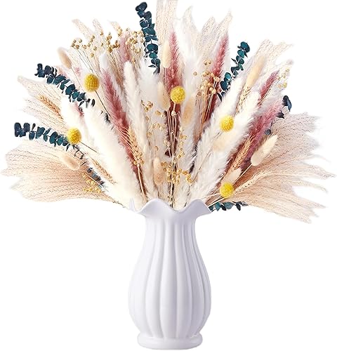85 piezas de hierba seca de las pampas, ramo de flores secas bohemias de hierba seca de las pampas que contiene colas de conejo, ramo de hierba de