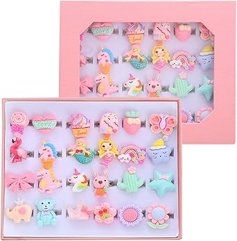 MOLIULIU 24pcs Little Girl Jewel Rings, Adjustable, No Duplication Kids Play Ring in Box,Pretend Play and Dress Up Rings for 4-12 Year Old Girl Birthday Christmas Gifts,3 4 5 6 7 8 9 10 11 12 Year Old