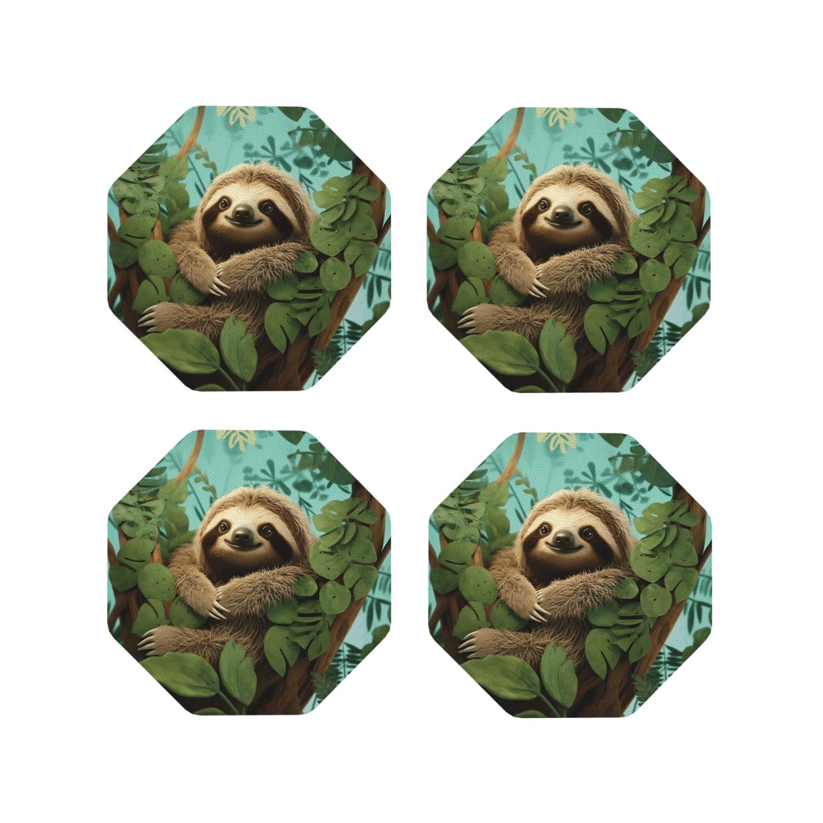 4Pcs PU Leather Coaster for Drinks, Hug Tree Sloth Cup Coastersr 4" Cup Mat Pad, Aesthetic Drink Coasters for Coffee Table, Octagon Coaster for Tabletop Protection