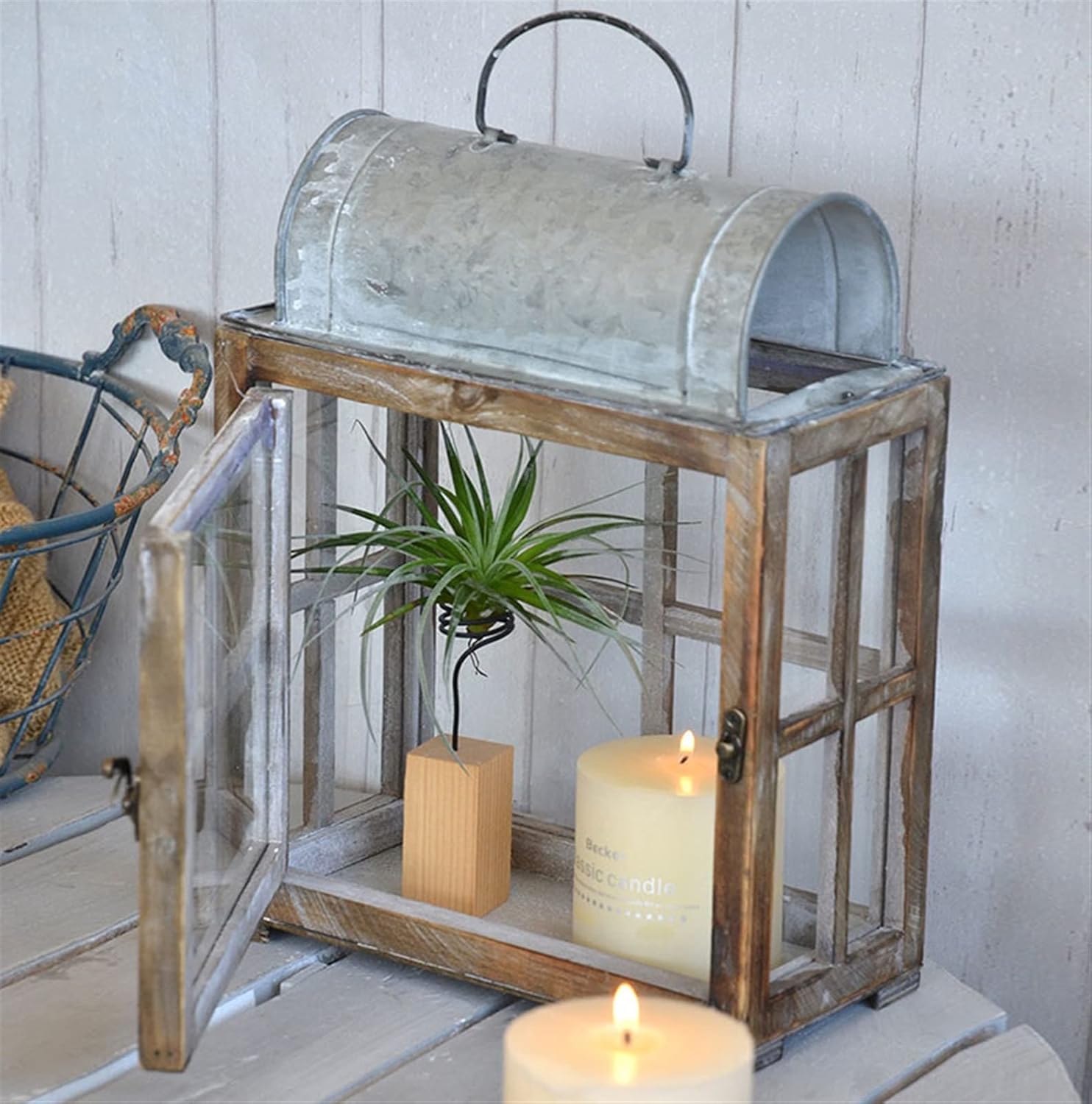 daofei Display & Curio Cabinets，Handcrafted Vintage Lantern Decorative Candle Holder Hurricane Glass Wood Framed Zinc Top : Home & Kitchen