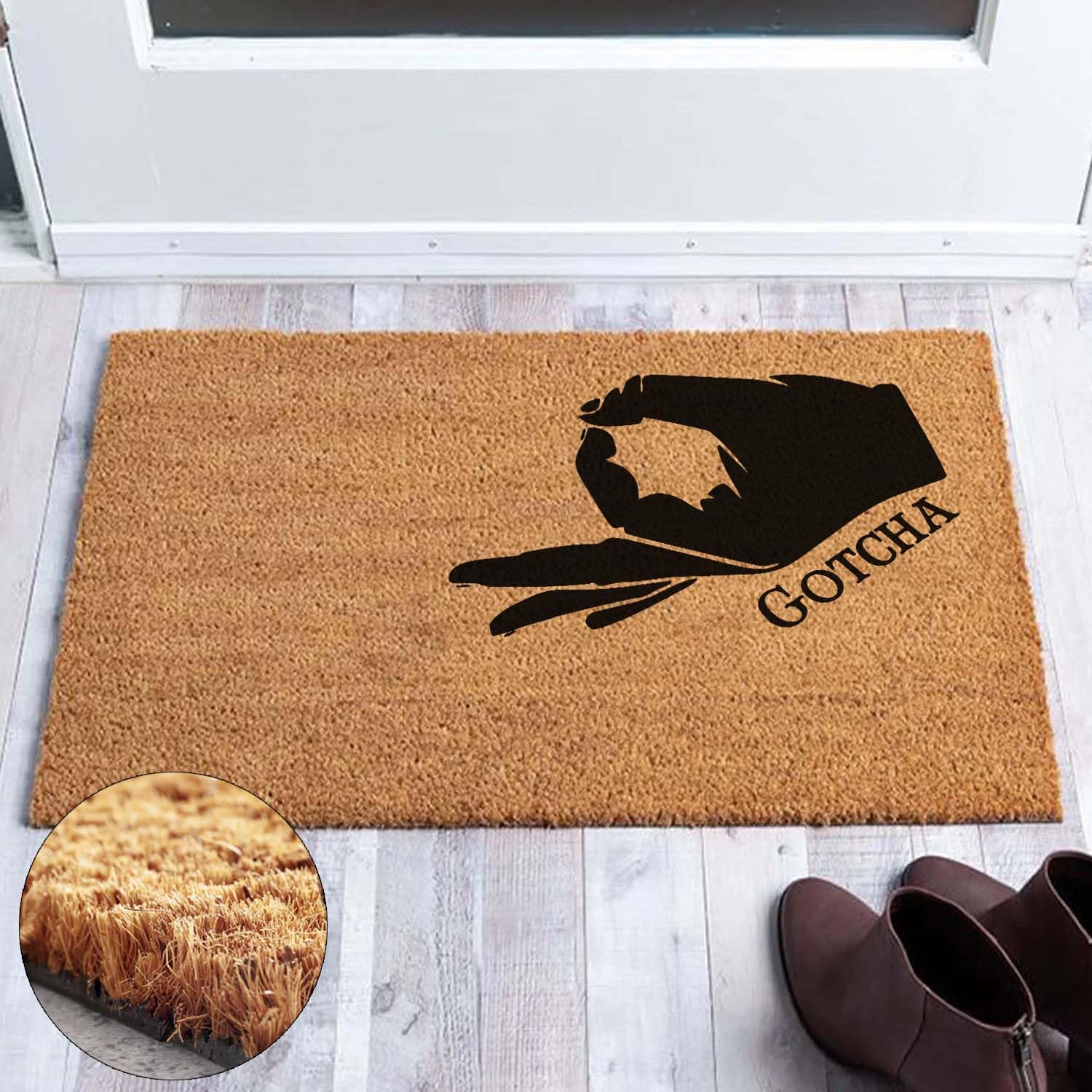 Paillasson amusant en fibre de coco Game Okay Hand Gotcha Welcome Porche Decor Paillasson pour l'entrée personnalisé en PVC robuste antidérapant pour entrée extérieure 60 x 40 cm Cadeau de pendaison