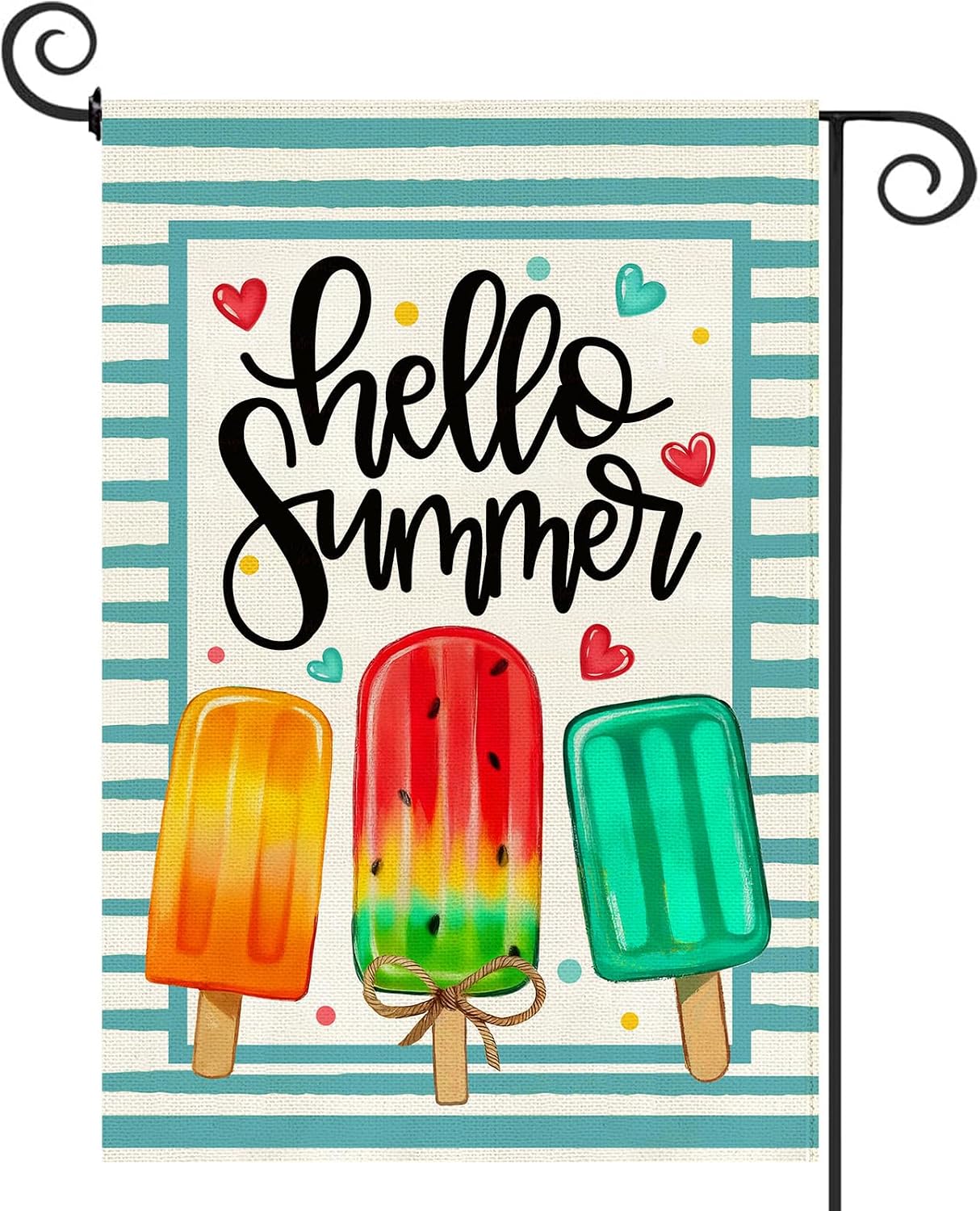 Baccessor Hello Summer Popsicle Garden Flag 12.5x18 Inch Double Sided Burlap, Blue Stripes Cool Summer Yard Flag Seasonal Holiday Front Yard Lawn Outdoor Outside Decoration