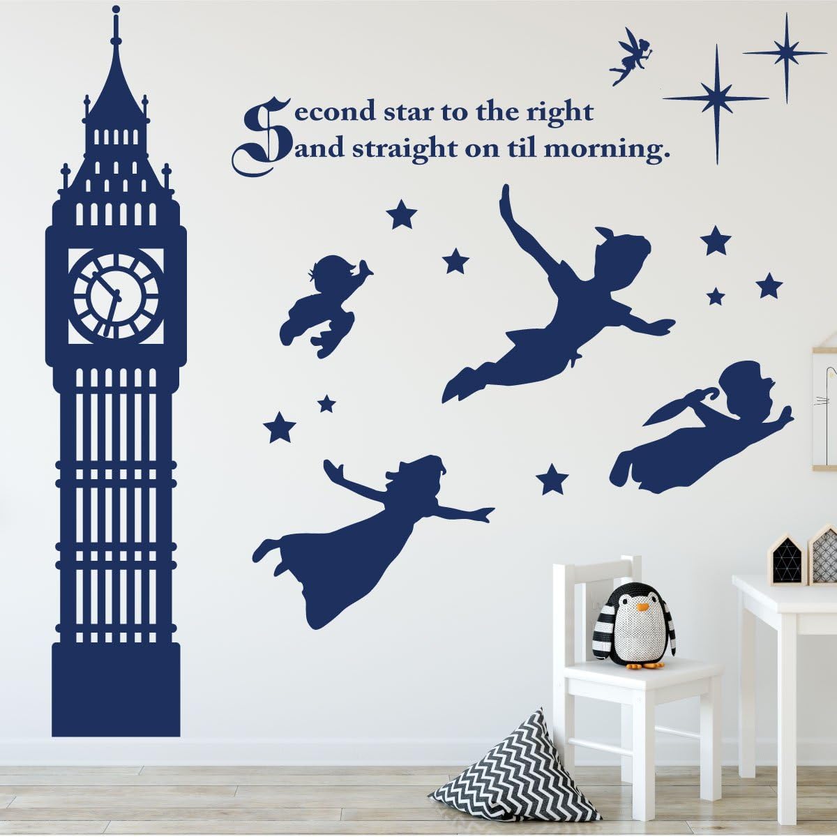 Room Wall Decor - Peter Pan Characters, Star, Clock Aesthetic Vinyl Decal Stickers for Home in Kids, Baby Boys or Girls Bedroom, Playroom, Nursery - Custom Sizes and Colors Fit Any Themed Living Space