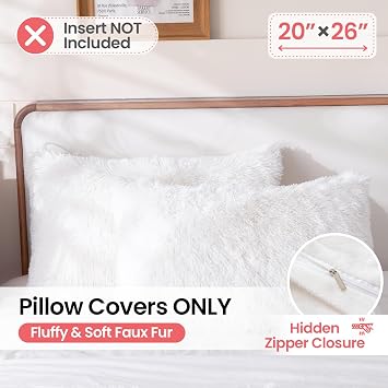 Faux Fur Fluffy Fuzzy Plush White Pillow Case Set of 2, Soft Decorative Pillow Covers for Bed, Bedroom, Living Room, Zipper Closure, Standard Size (20x26, White)