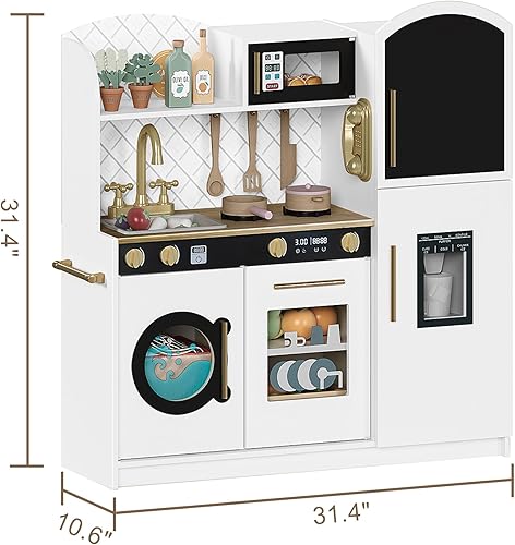 Miniatura 2 de Treocho Juego de juguetes de cocina para niños, cocina de madera con fregadero, horno, microondas, juego de cocina para niños pequeños, niñas y