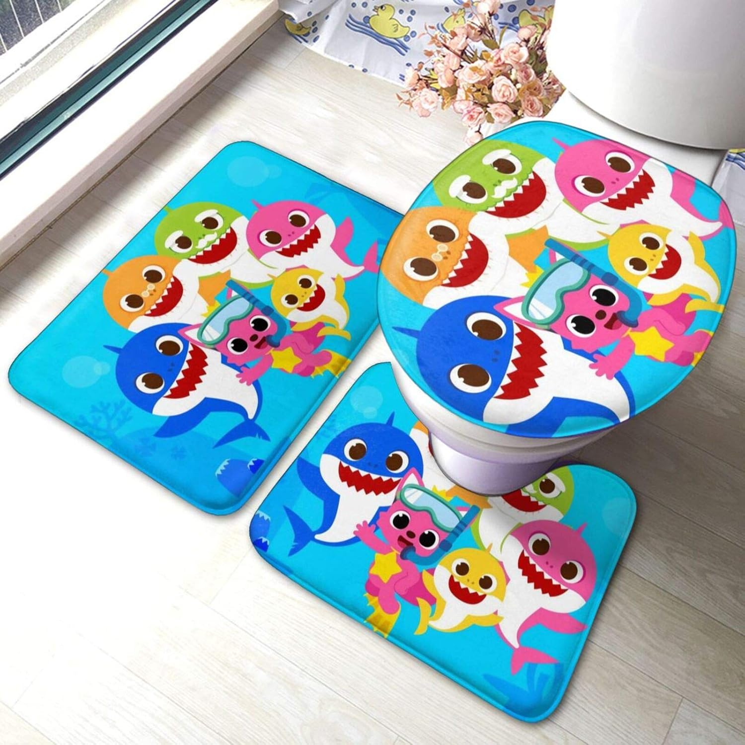 Jasongamo 3 Pieces Baby Shark Bathroom Rugs Soft Absorbent