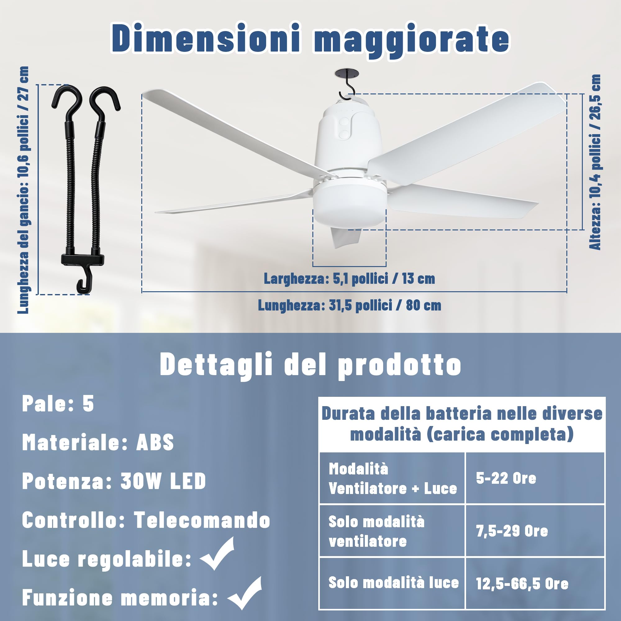Ventilatore da soffitto solare, con illuminazione per esterni, pannello solare da 60 W e batteria da 40000 mAh, grande ventilatore da soffitto portatile con luce, telecomando per campeggio (80CM)