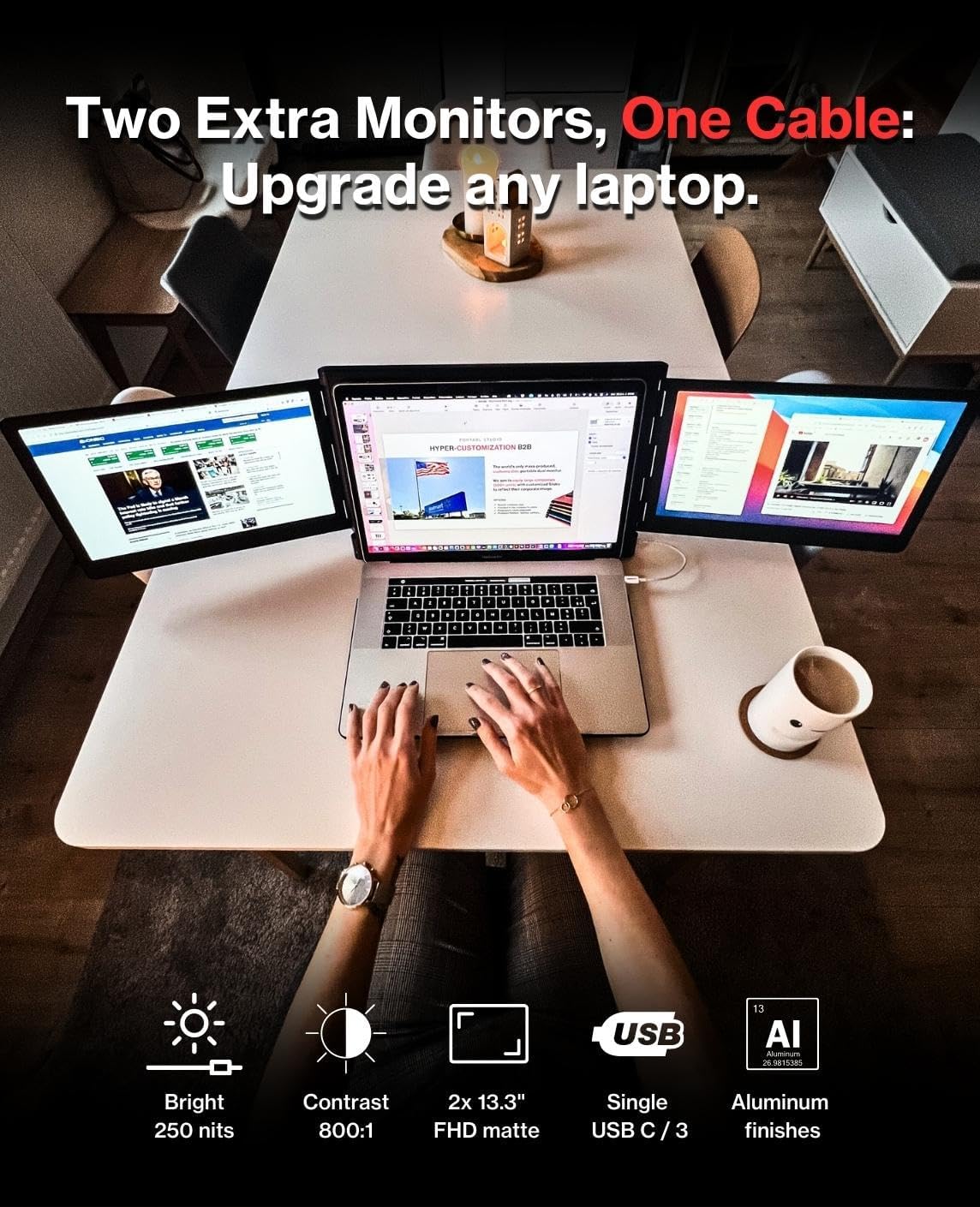 Il monitor portatile per computer portatile, 2x 13,3 Full HD opaco Display 60hz antiriflesso in alluminio nero, doppio monitor triplo scorrevole estensore, singola spina USB per Windows, Mac, Android Il monitor portatile per computer portatile, 2x 13,3 Full HD opaco Display 60hz antiriflesso in alluminio nero, doppio monitor triplo scorrevole estensore, singola spina USB per Windows, Mac, Android