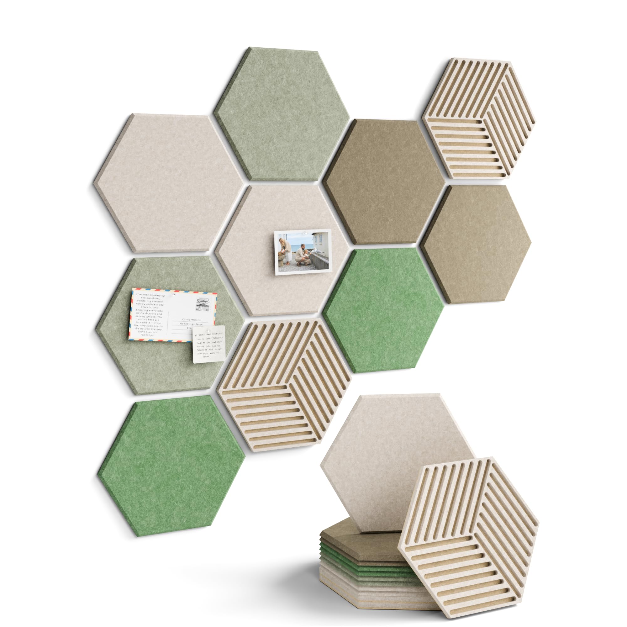 Fluxynara Hexagon Cork Board Alternative for Walls Decor-10-Pack Felt Bulletin Board Tiles,with 30 Pushpins,50 Adhesive Tabs for Office,Classrooms & Home Pin Board Felt Board-Moss Haven