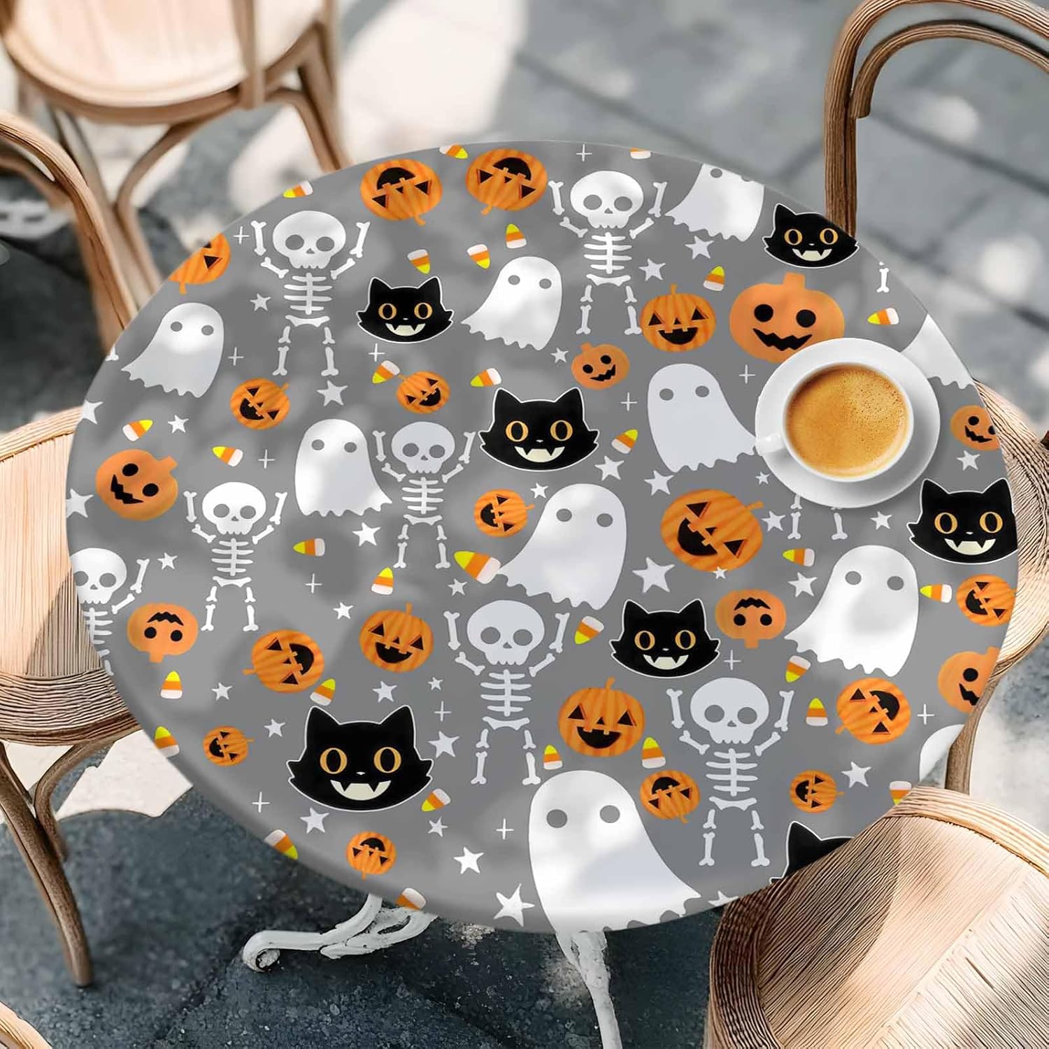 Halloween Fitted Round Tablecloth,Cartoon Skeleton Ghost Waterproof Table Cover with Elastic Edged,Funny Skull Circle Table Cloth for Dining Kitchen Party Holiday,Fits Round Tables up to 36"-44"