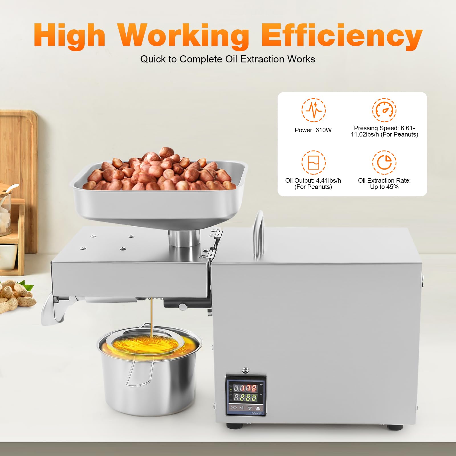 Ölpresse Automatische Ölpresse,610W Ölpressmaschine für den Handel,Kaltpressung und Heißpressung,Einstellbare Temperatur,Erdnusskerne, Sonnenblumenkerne,220V