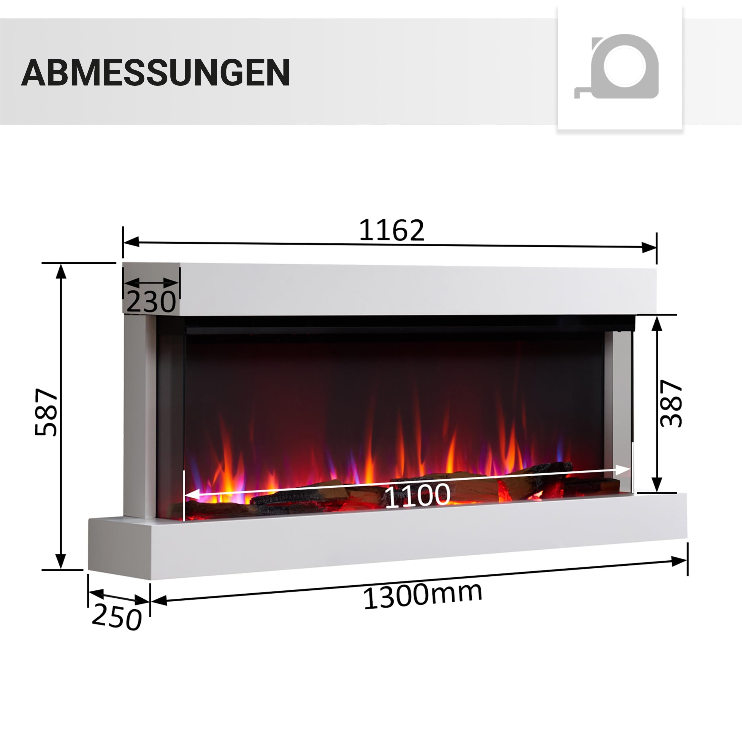 BALDERIA Achilles L - Chimenea eléctrica de Pared - Blanco | Calefacción 1500W, iluminación LED, WiFi, control por App, sonido de crepitación, mando a distancia