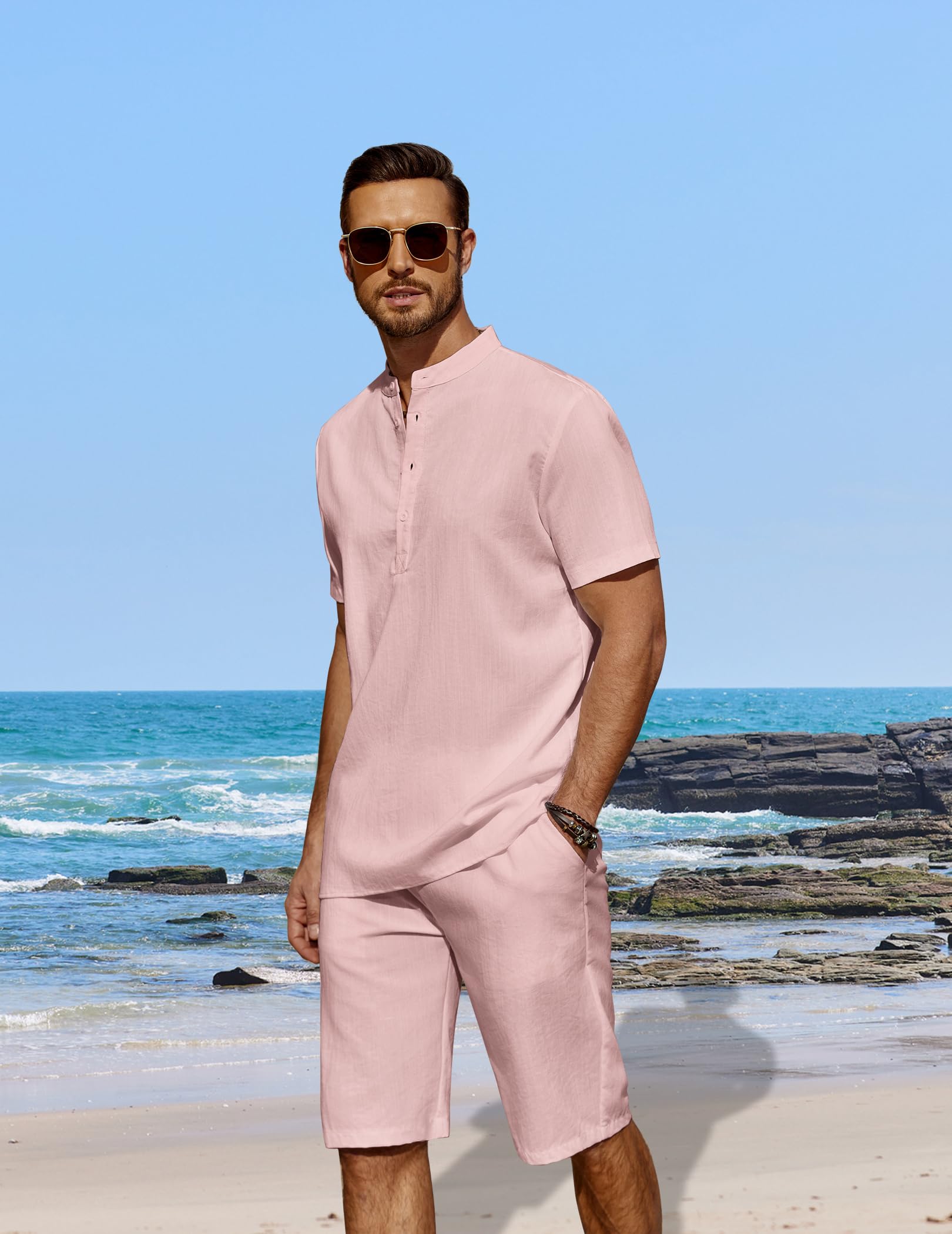 COOFANDY Set di 2 pezzi da uomo in lino casual Henley camicie a maniche corte da spiaggia pantaloncini da yoga pantaloni estivi | Chiusura con bottoni, spiaggia, estate, leggero, traspirante, coulisse regolabile