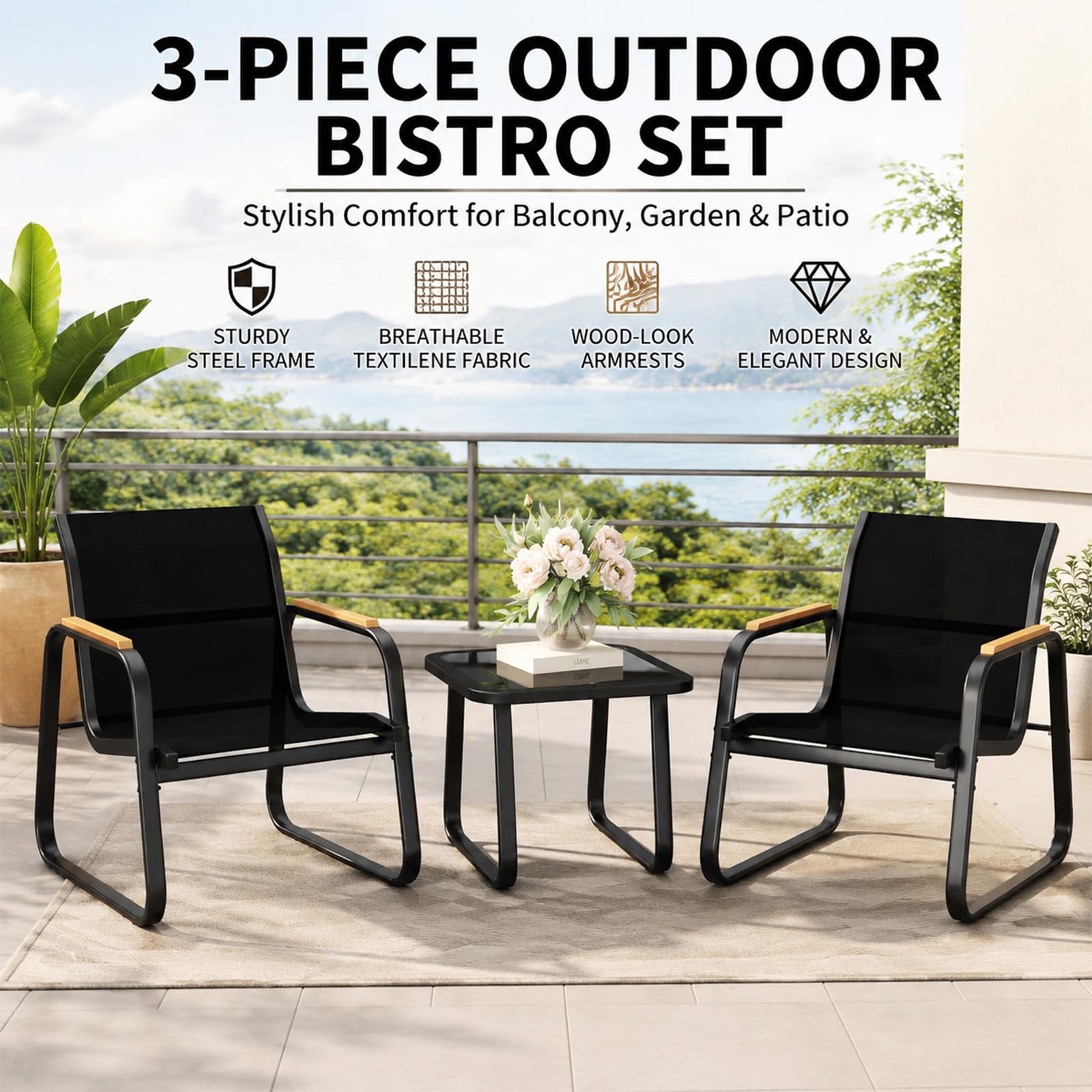 Garvee 3-teiliges Balkonmöbel Set für 2 Personen, moderne Gartenmöbel Sitzgruppe mit Stahlrahmen, Glastisch und Armlehnen in Holzoptik, pflegeleichtes Lounge Set für Balkon,Terrasse und Garten,Schwarz