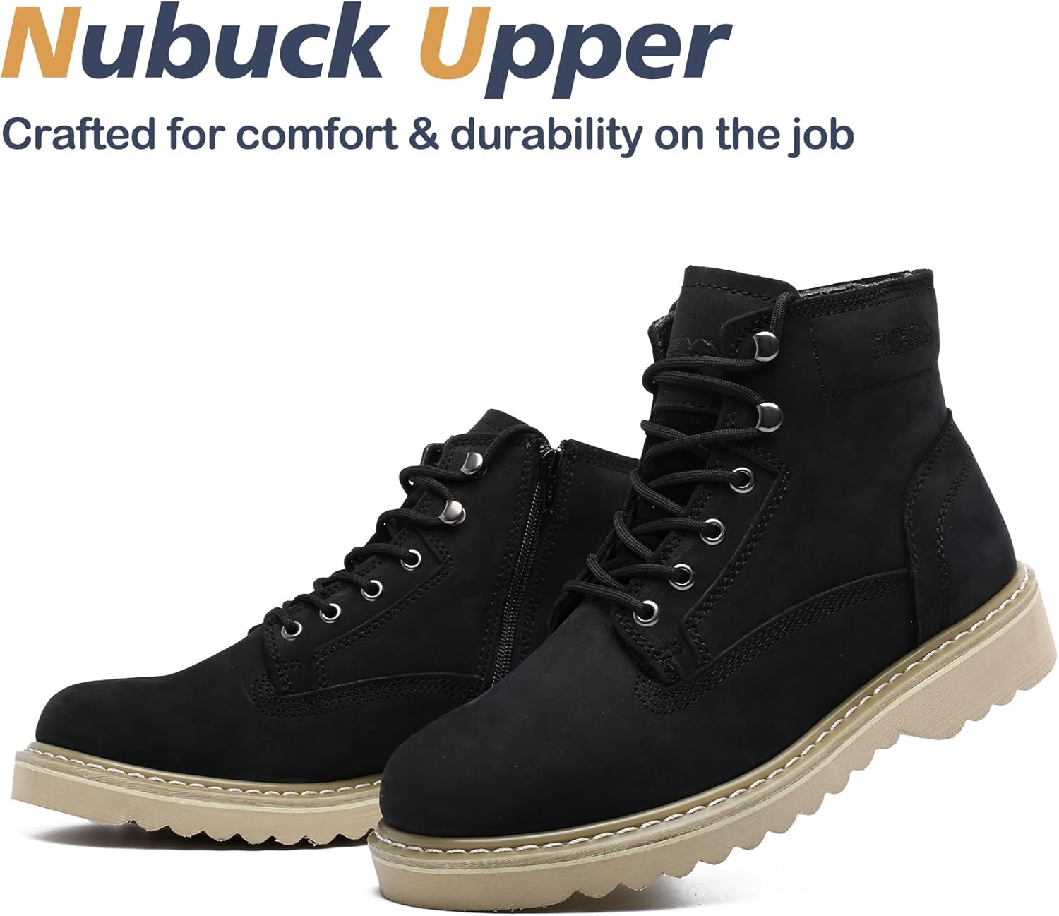 Side Zipper Soft Toe Work Boots for Men 6" with Welt Construction, Lightweight Utility Nubuck Leather Shoes, Featuring Speed Hooks, Slip & Water Resistant Mens Ankle Workboots - Image 2