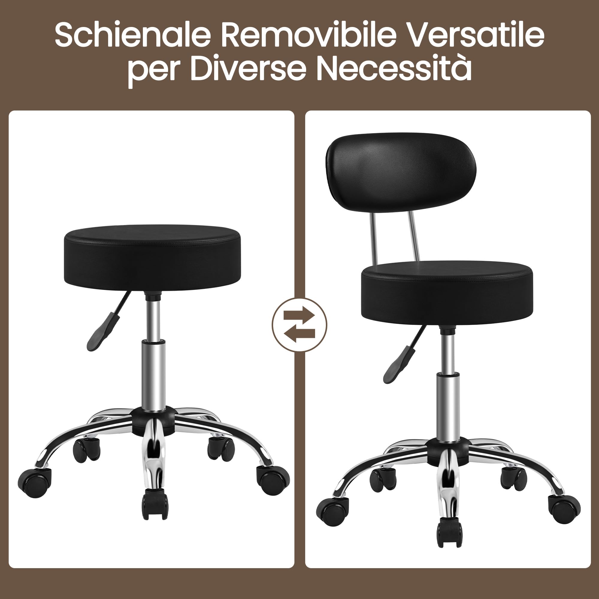 Sgabello con Ruote e Schienale, Sgabello da Ufficio a Rotelle Regolabile in Altezza 47-56,5 cm, Sedia Girevole da Trucco, Estetista, Salone, Studio (Nero)