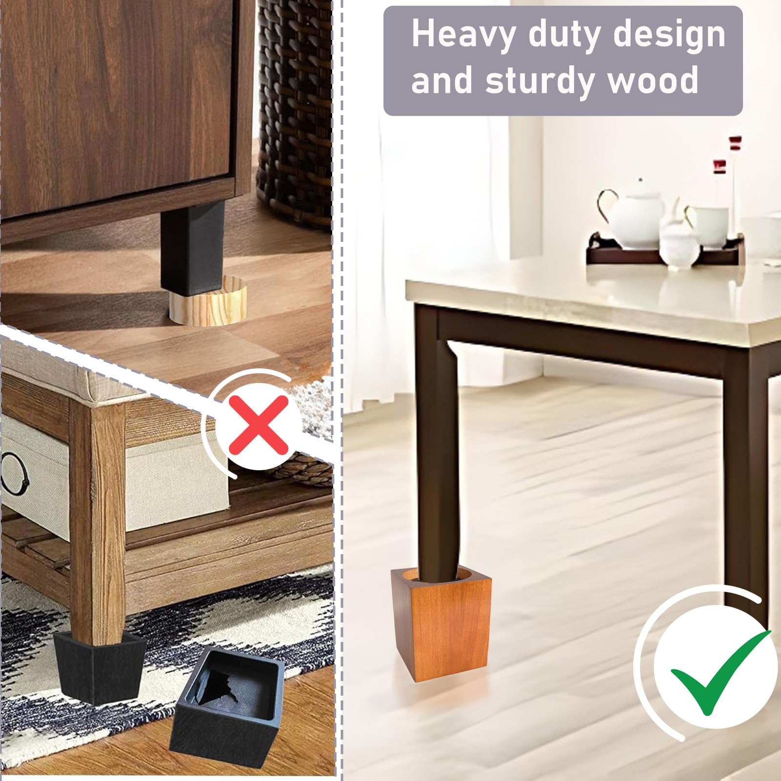 ECOGREDA Wood Bed Furniture Risers 4 Inch Heavy Duty Risers, Supports up to 6,000 Lbs, for Sofa Couch Desk Chair Table Base Raising Space, Convenient Store and Cleaning, Pack of 4 Brown