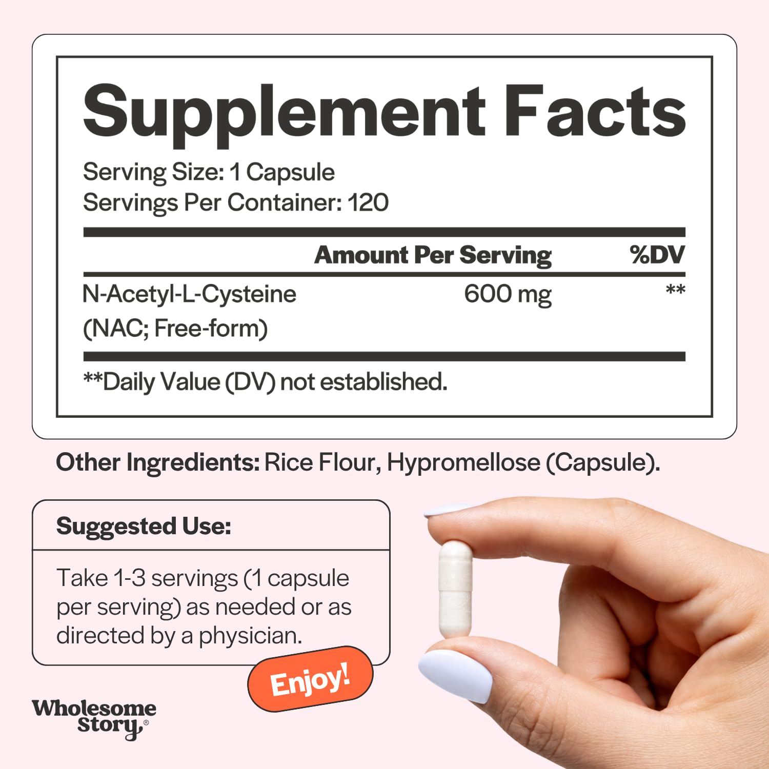 Wholesome Story NAC Supplement N-Acetyl-L-Cysteine 600 mg | Liver, Lung & Fertility Support | 120 Capsules | 120 Serving Supply — Amazon image 4