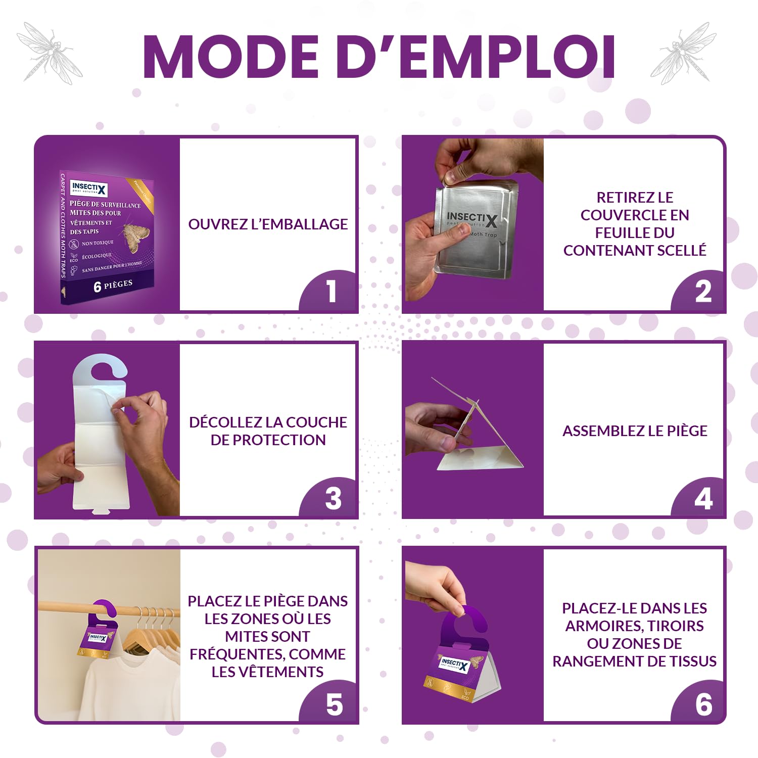 Pièges à mites textiles – Lot de 6 détecteurs sans odeur, non toxiques avec phéromones – Pour armoires, tiroirs, tissus & rangements – Sans danger pour les enfants et les animaux