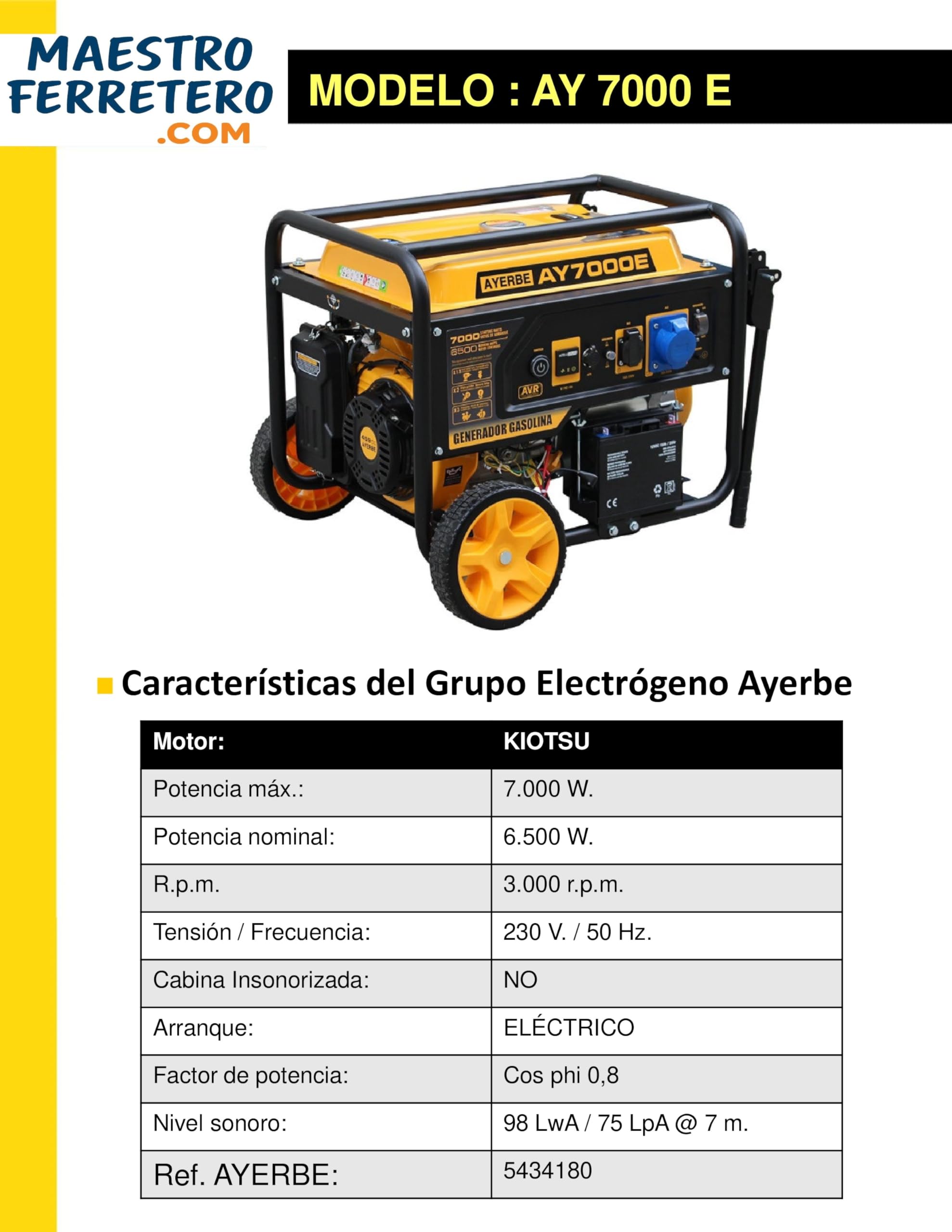 Generador gasolina 7000 W con motor Kiotsu OHV Stage V arranque eléctrico y AVR cobre