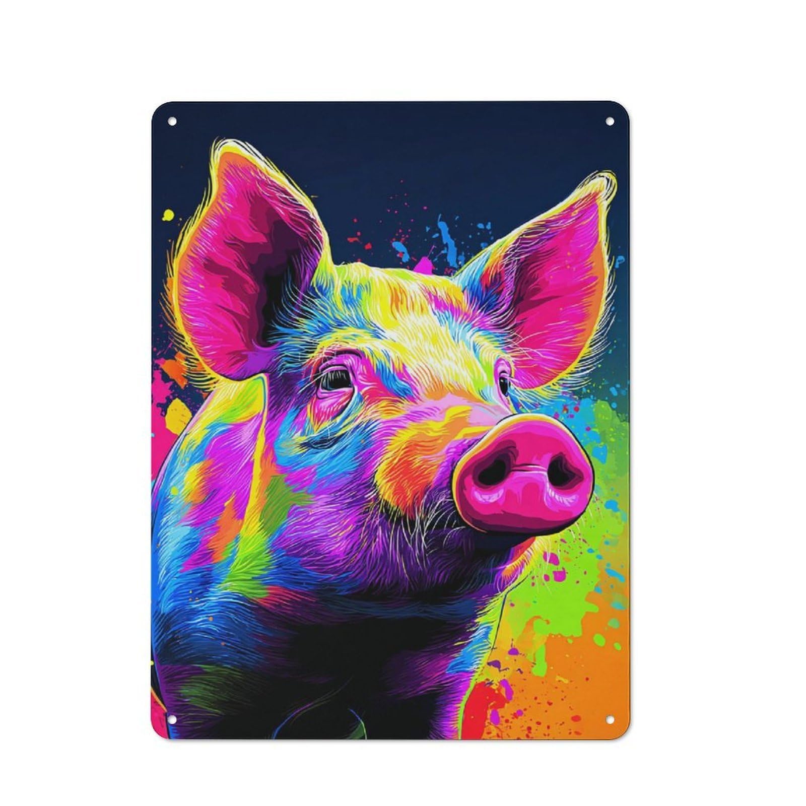 Retro Colorful Pig Portrait Artwork Vintage Tin Sign 40x30cm, Cafe Wall Decor for Kitchen, Cafe, Pantry Or Dining Room
