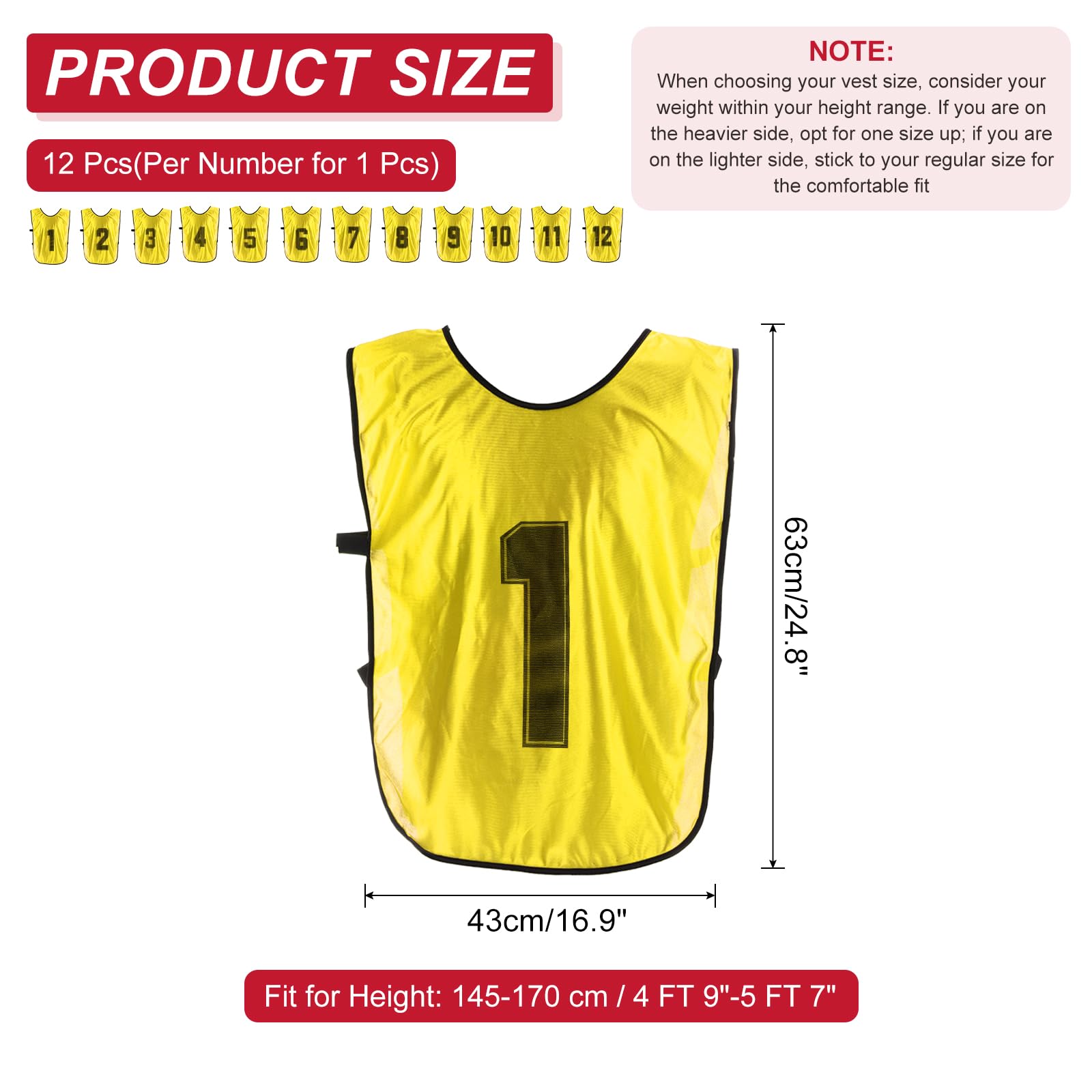 PATIKIL Lot de 12 gilets d'entraînement de football, réversibles, numérotés, avec ceinture pour adulte, 63,5 cm, jaune, jaune, 64 cm