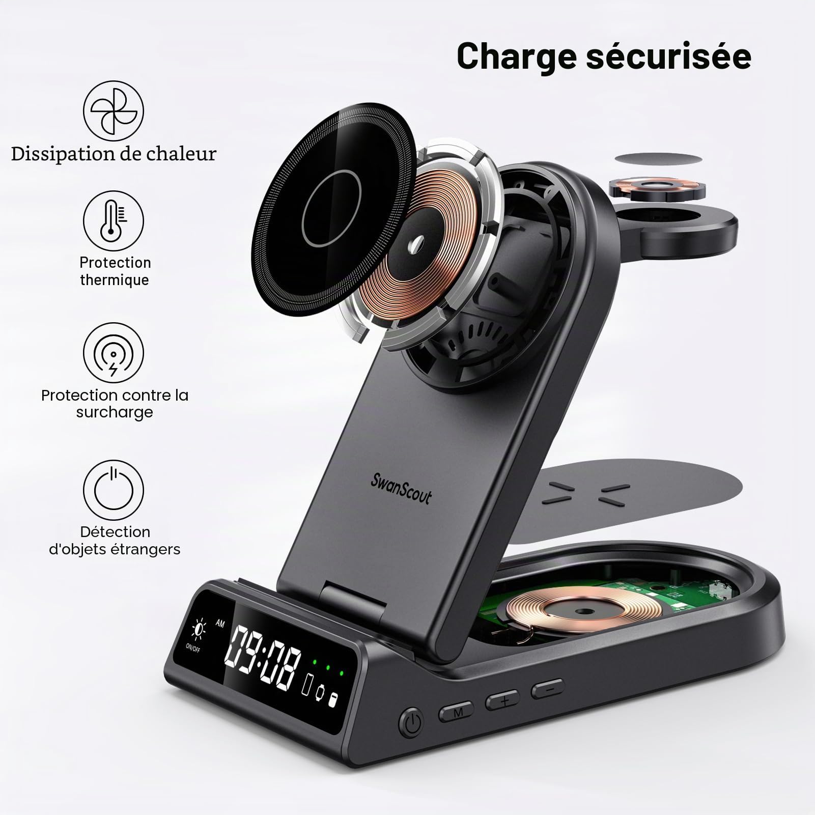 SwanScout Mag-Safe Chargeur Induction, 4 en 1 Station de Charge pour iPhone Air/17/16/15/14/13 Séries, Chargeur sans Fil Portable pour Apple Watch Ultra 3/11/10/9/8/7/6/5/4, SwanScout 702M