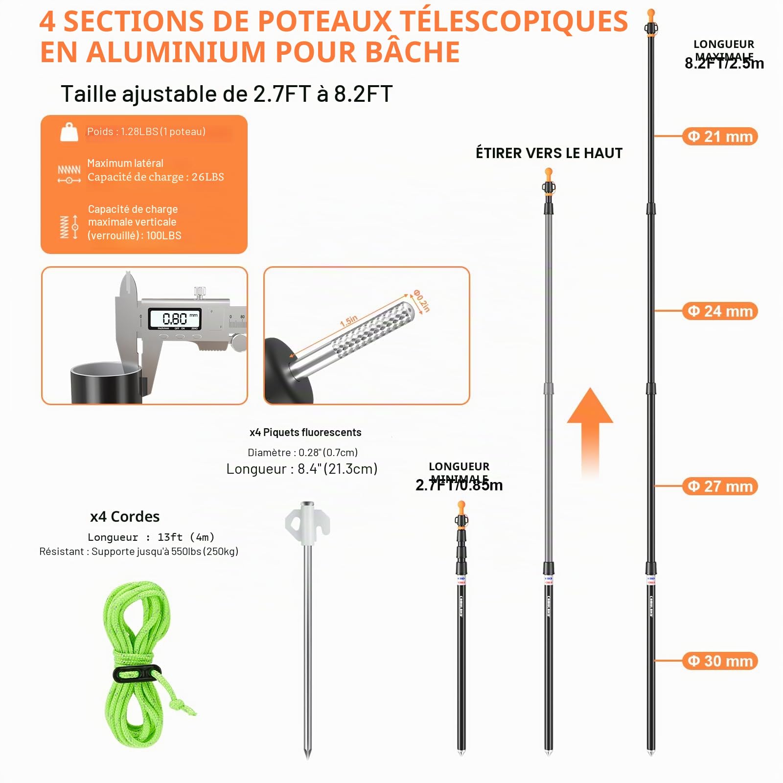 CAMULAND Barres de bâche, Poteaux de Tente Robustes Poteaux de Tente en Aluminium avec Fond Conique antidérapant, Poteaux de Tente télescopiques ajustablespour Camping, randonnée, hamac