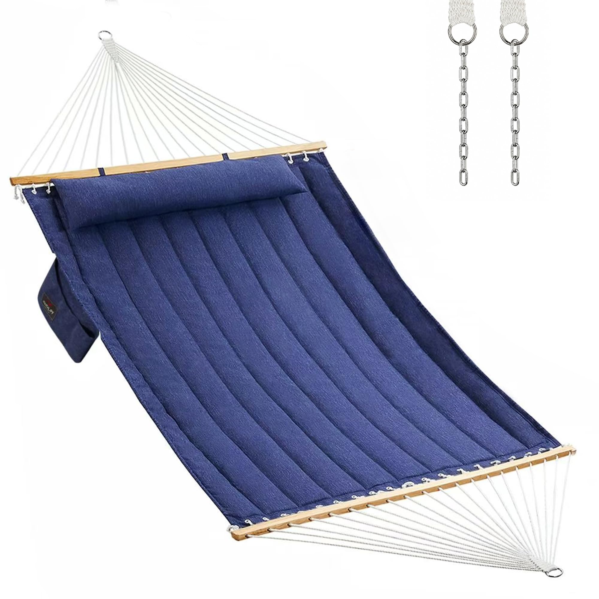 Double Quilted Fabric Hammock with Hardwood Spreader Bars and Pillow 450 LBS Capacity 2 Person Large Hammock for Outdoor Patio Backyard Poolside - Dark Blue