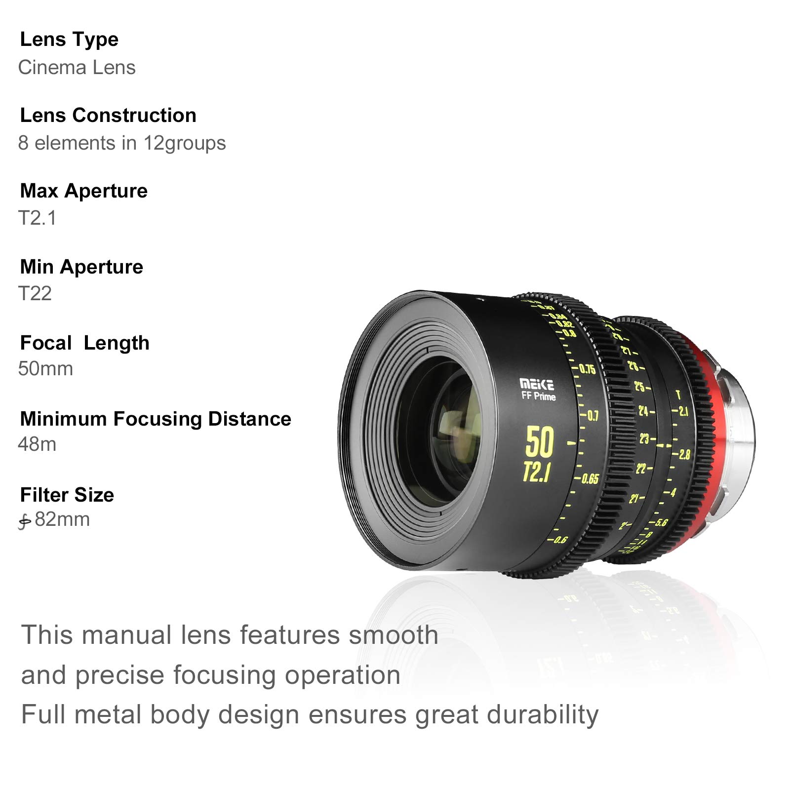 Meike 50 mm T2.1 PL Full Frame Prime Manual Focus Objectif cinéma grand angle pour appareil photo Canon EOS C700 PL EOS C700PL GS