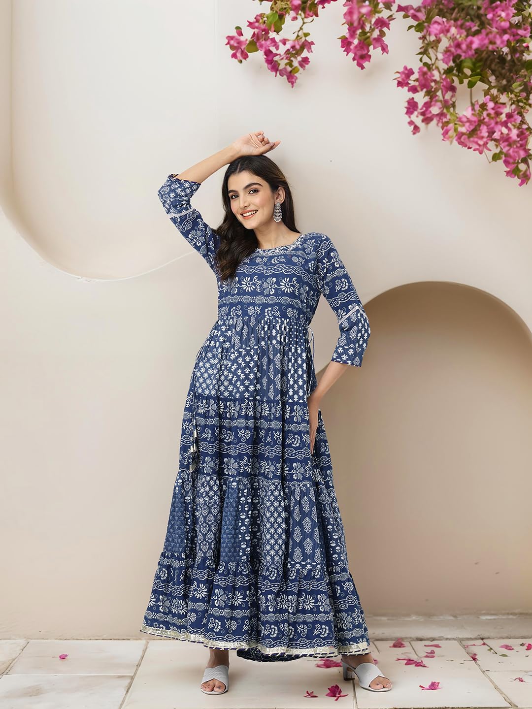 Ishin Navy Blue Cotton Floral Printed Tiered Dress