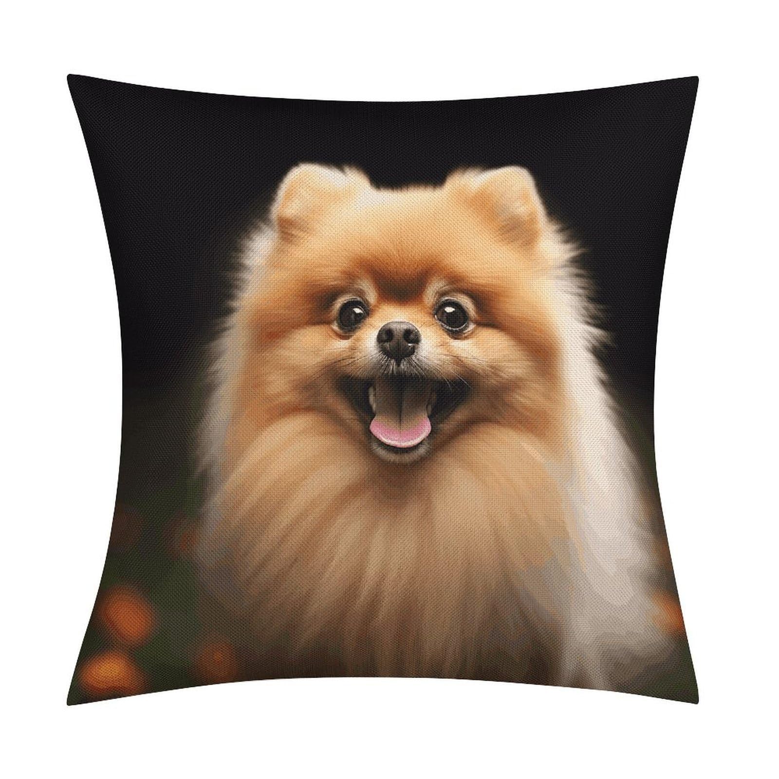 LZQPOEAS Pomeranian Throw Pillow Covers, Waterproof Faux Linen Pillow Cases with Invisible Zipper, Decorative Square Cushion Covers for Sofa Couch Living Room Bedroom 18x18 Inch