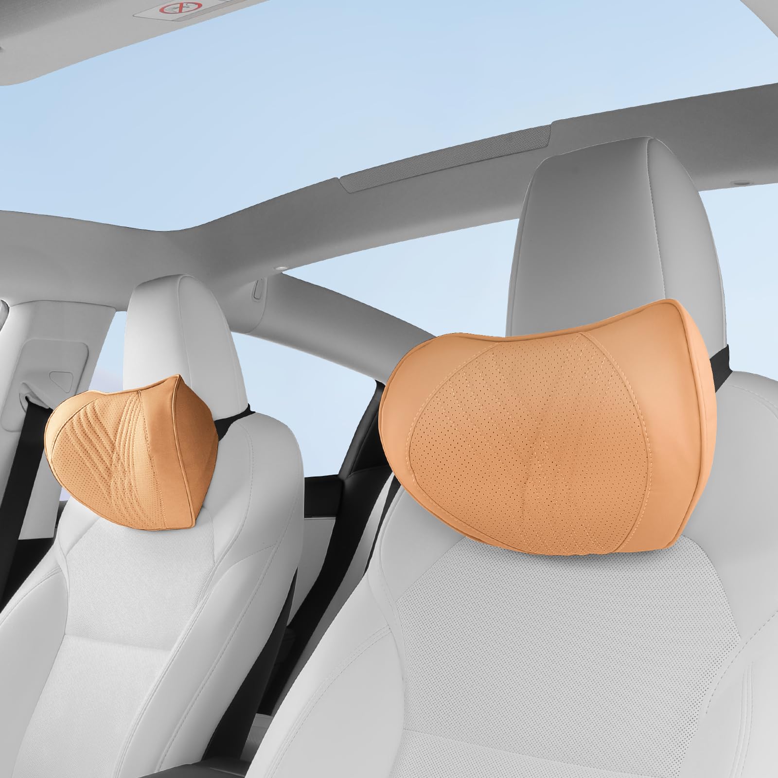 Cuscino per il Collo dell'auto in Memory Foam, Poggiatesta in Pelle di Alta Qualità, Cuscino di Supporto per il Collo Universale per la Guida, Casa e Ufficio, Marrone Palomino, 2 Pezzi