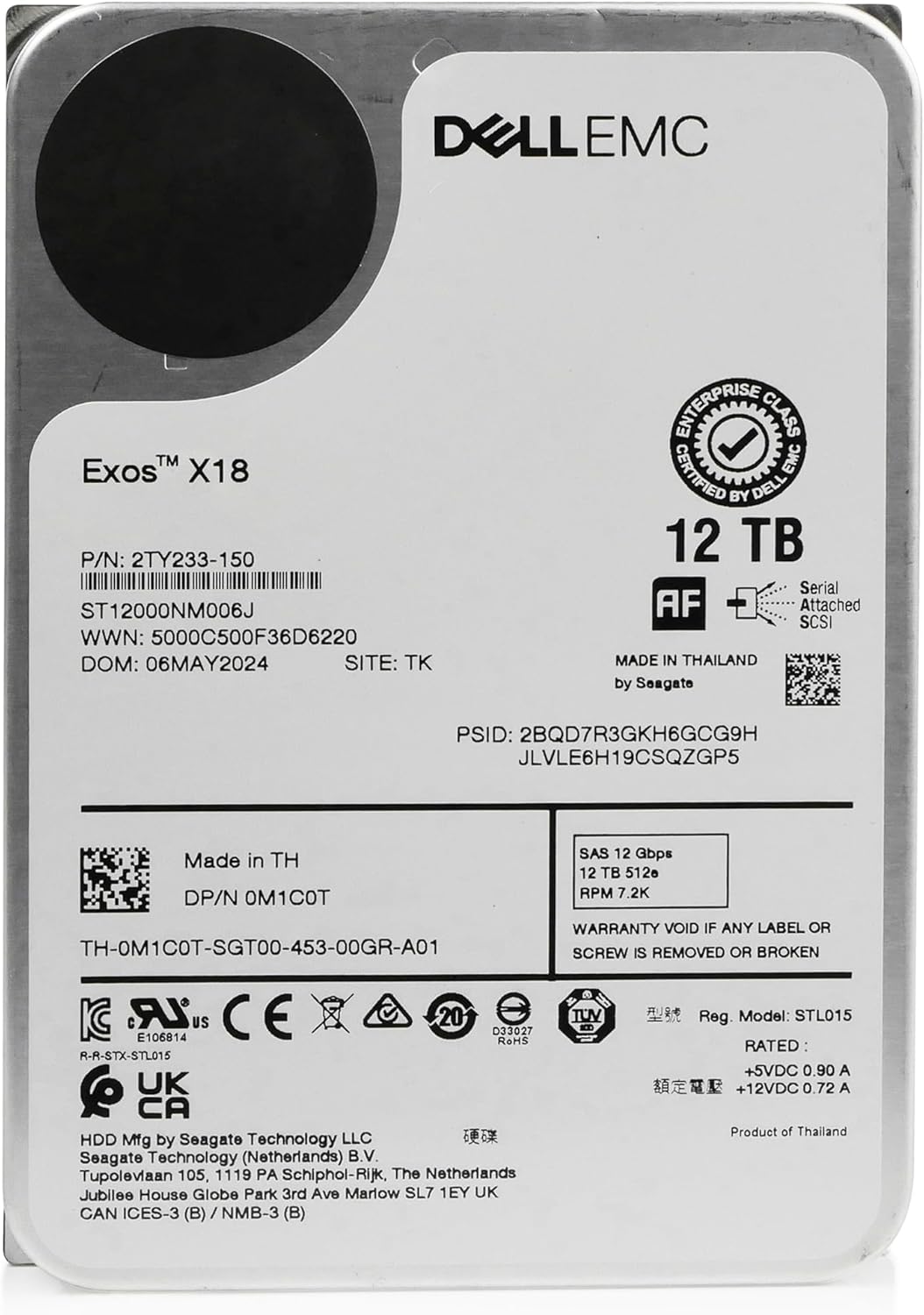 Dell/Seagate Exos X18 12TB ST12000NM006J 7200 RPM SAS 12Gb/s 512e 3.5in Enterprise Hard Drive (Renewed)