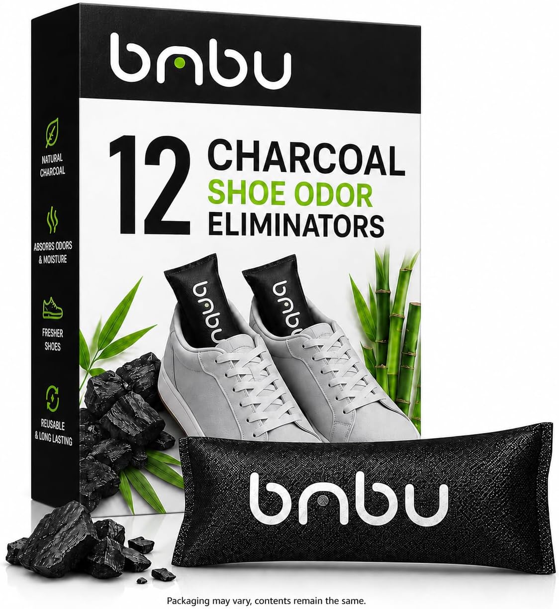 Activated Charcoal Shoe Deodorizer Inserts - Natural Bamboo Alternative to Odor Eliminator Balls for Sneakers, Gym Bags - Smell Absorber/Air Freshener for Sports Bag, Drawer, Cat Litter