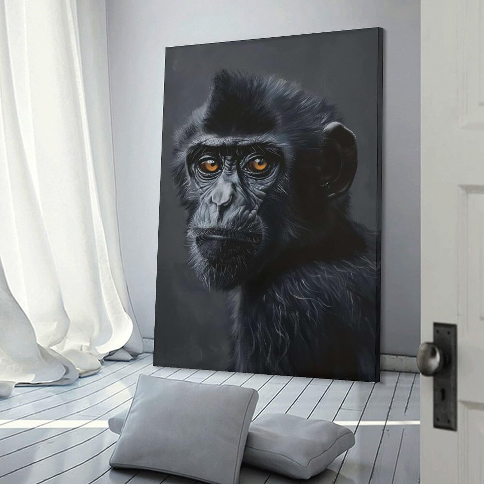 Junmoney Canvas Art Print Black Monkey Portrait, 16x24inch(40x60cm), for Office, Study Or Home Workspace, Home Office Artwork with Decorative Appeal