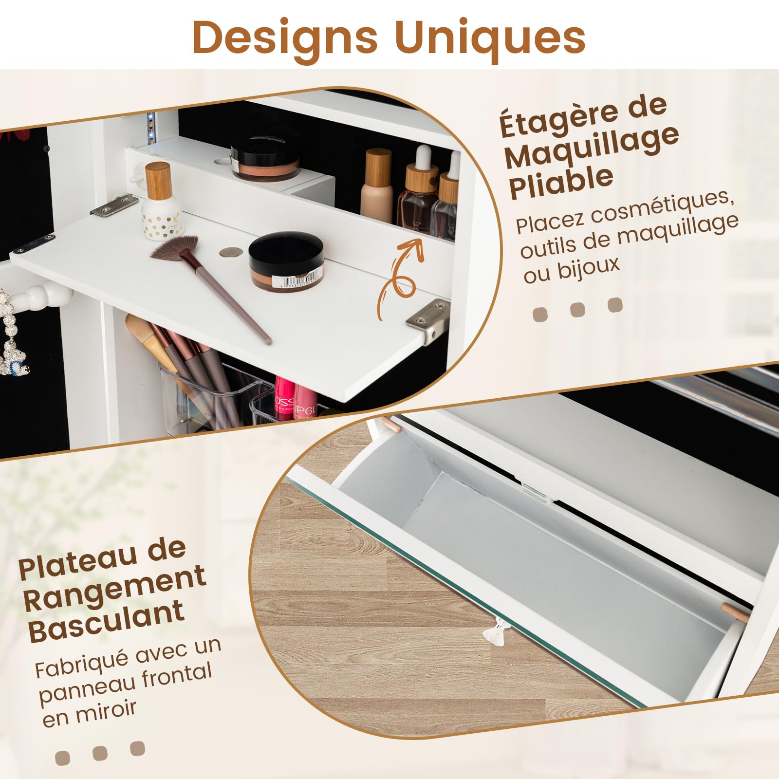 COSTWAY Armoire à Bijoux Murale 120 cm, Lumières LED, Miroir Sans Cadre Pleine Longueur, Miroir Intégré, Étagère de Maquillage Pliable, Tiroir de Rangement, Verrouillable, Blanc