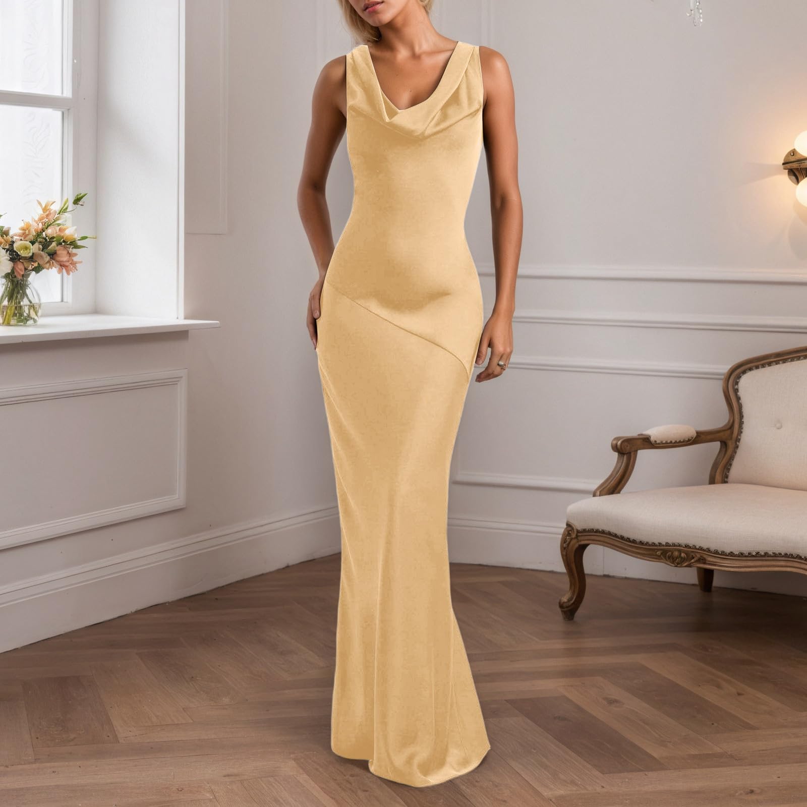 Vestido maxi de satén para invitados de boda, sin mangas, cuello de cascada, seda, espalda abierta, atar, vestido de noche, elegante, vestido de fiesta