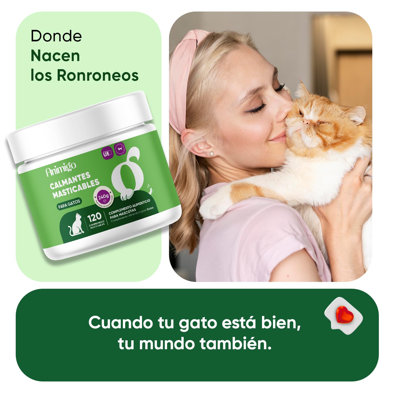 animigo Calmante para Gatos en Comprimidos Masticables - Antiestrés Natural para Gatos Nerviosos, Estrés por Cambios, Viajes o Veterinario - Relajante con Taurina, Pasiflora y Ashwagandha