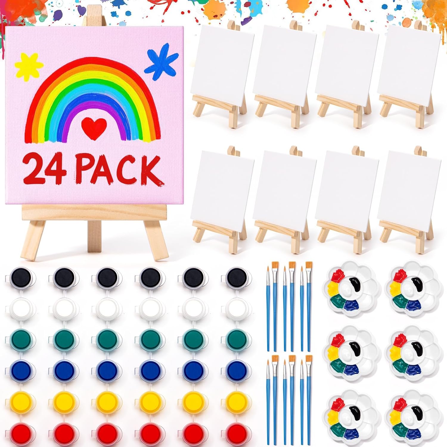 Asoulin 24 Set Mini Acrylic Paint Kit with Canvas, Plastic Easel, Brushes, Palette, Painting Kits for Kids Girls Boys, Art Set Gifts for Classroom Prizes Birthday Party Favors Easter Basket Stuffers
