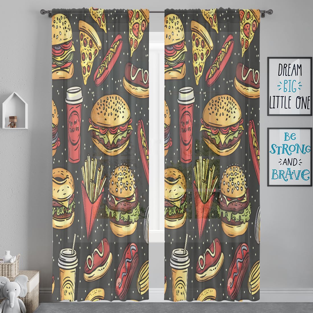 Opalaughs Delicious Fastfood Sheer Curtains 2 Panels Set Semitransparent Sheer Vertical Drapes, Light Filtering Rod Pocket Window Treatment for Living Room, Food Pizza Chips Hot Dog W52 x L84