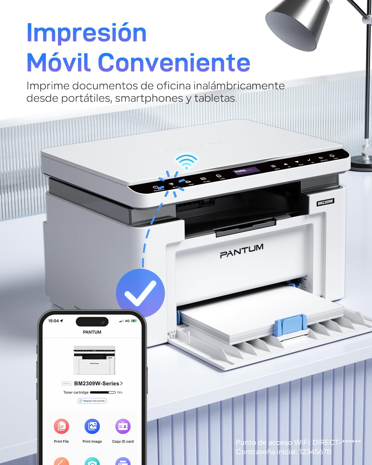 PANTUM Impresora Multifunción Láser Monocromo WiFi (BM2309W, BM2300W), Impresión, Copia, Escaneo, para Oficina y Hogar (A4, 20 ppm, Wi-Fi Direct, USB 2.0, Bluetooth, AirPrint, Mopria)