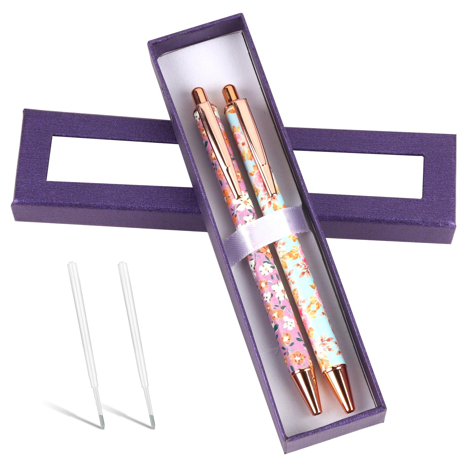 Goerpn 2Pcs Floral Metal Ballpoint Pens 1.0 mm Click Retractable Pretty Pen Sets Black Ink Nice Fancy Pens in Gift Box for Women Ladies Girls