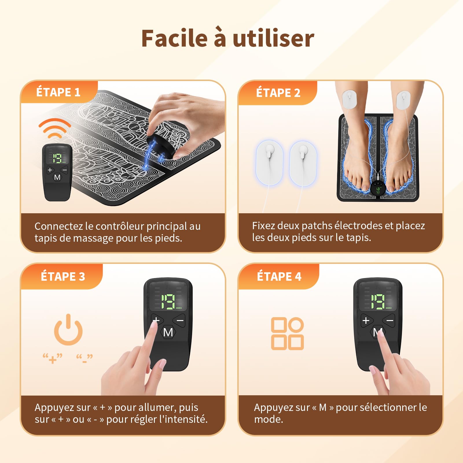 Masseur Plantaire EMS, Tapis de Massage des Pieds pour la Circulation Sanguine et le Soulagement de la Douleur, 12 Modes et 19 Niveaux d'Intensité pour une Activation Musculaire Profonde