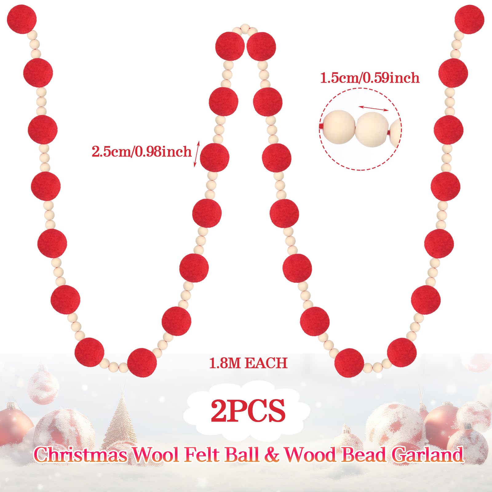 Barydat Guirnalda de bolas de fieltro rojo de 6 pies con cuentas de madera, guirnalda de pompones, guirnalda de fieltro, guirnalda de pompones, guirnalda de Navidad, decoración de árbol de Navidad