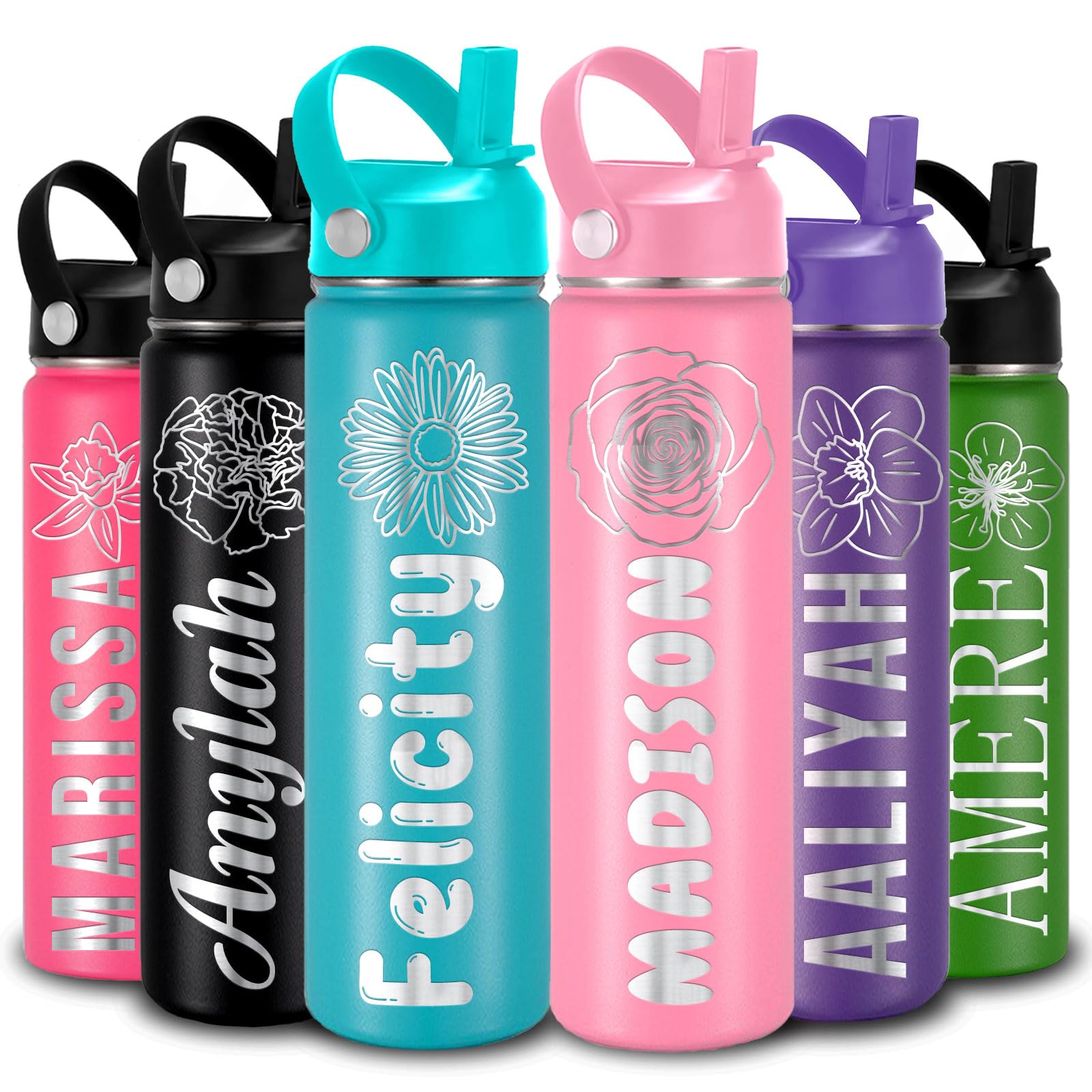 Custom Water Bottle Personalized for Adults Customizable Gifts Cups with Name 12/16/18/24/32/40oz Birth Flowers Water Bottles for Men Women